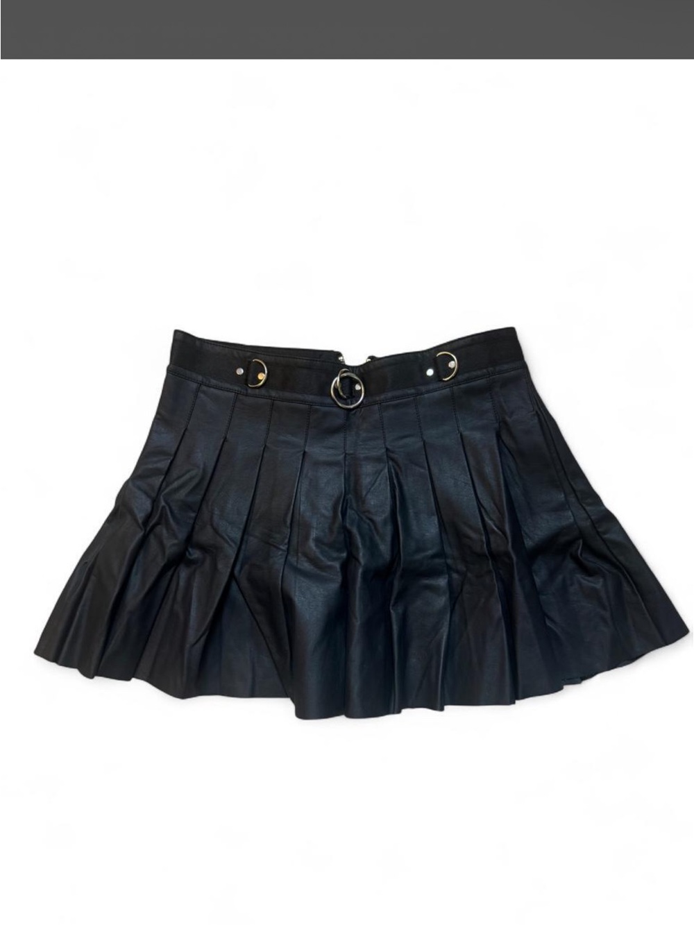 Current Mood Black Pleated Faux Leather Mini Skirt with Ring Detail